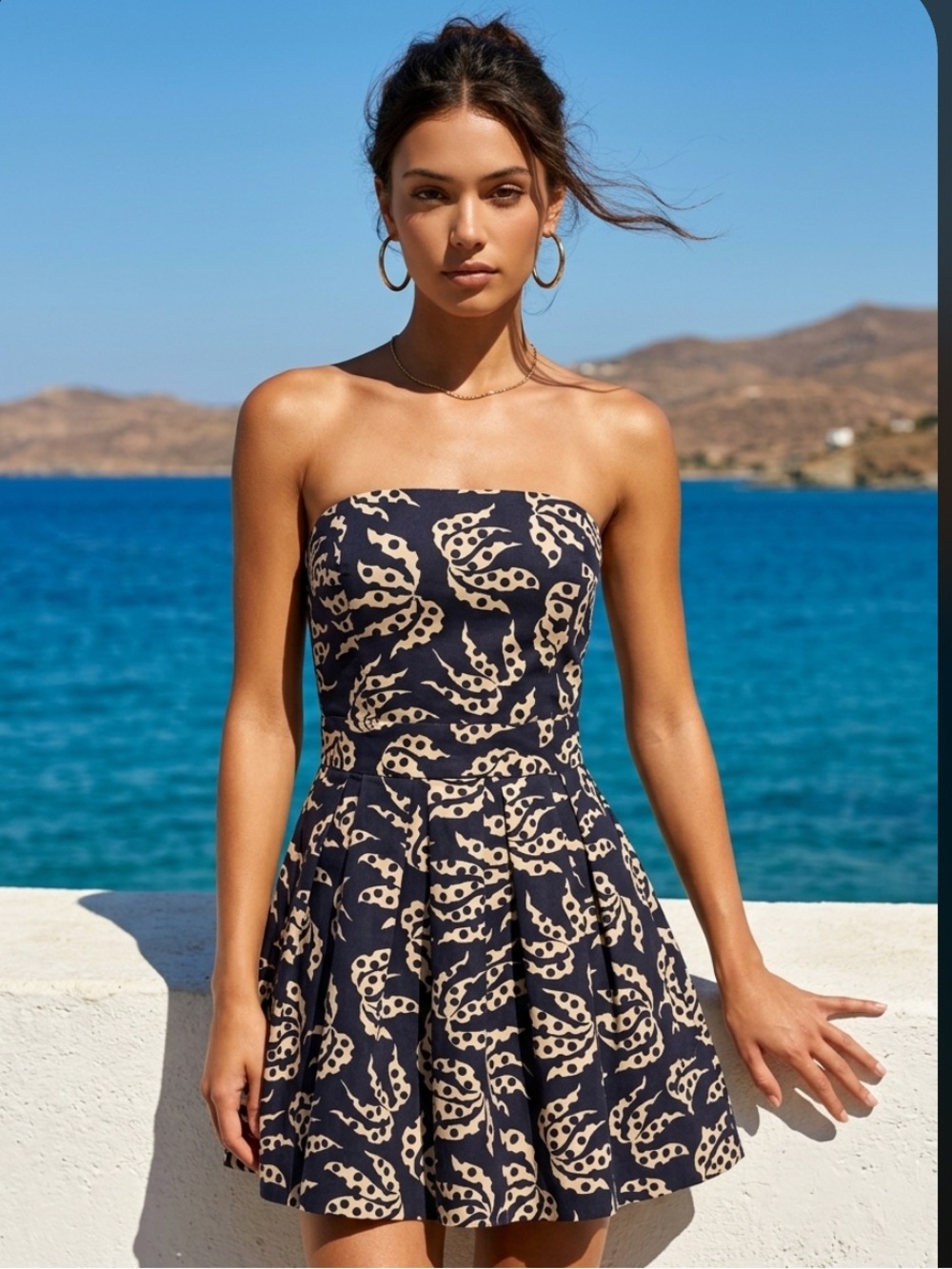FRENCH CONNECTION Strapless Sun Dress Geometric Fit Mini Fit Flare Black Tan by